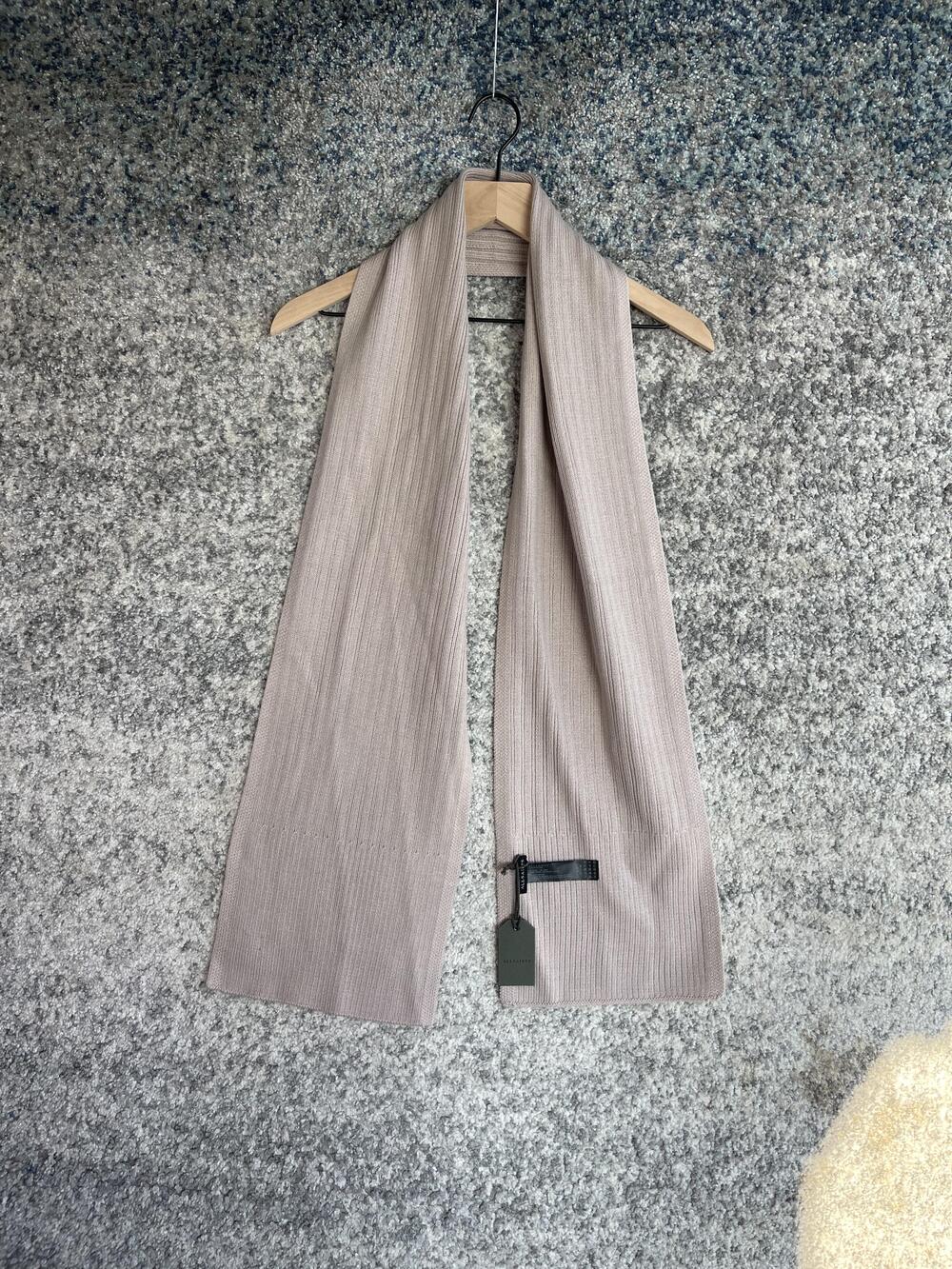 AllSaints Scarf Mens One Size Beige Rib Mix Wool Blend Ribbed Logo Patch